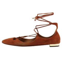 Aquazzura Brown Suede Dancer Ankle Wrap Ballet Flats Size 39