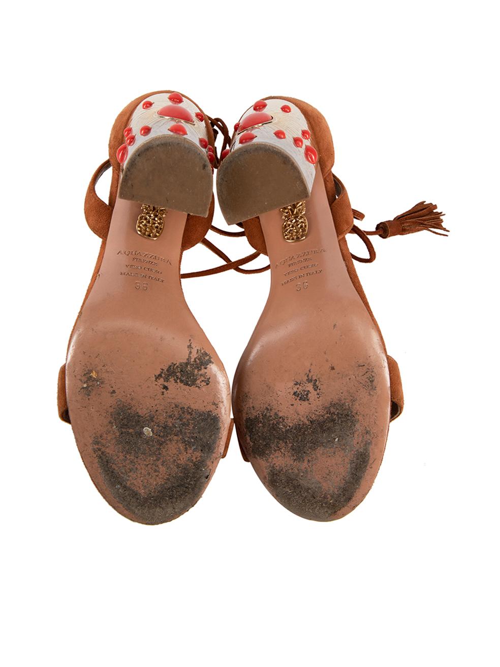 Women's Aquazzura Brown Suede Embellished Heeled Sandals Size EU 36 For Sale