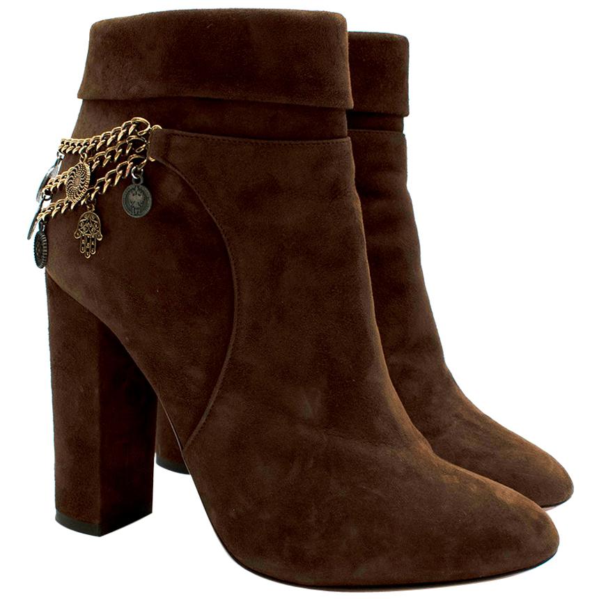Aquazzura Brown Suede High Heel Ankle Boots with Medallion Chain 37 For Sale