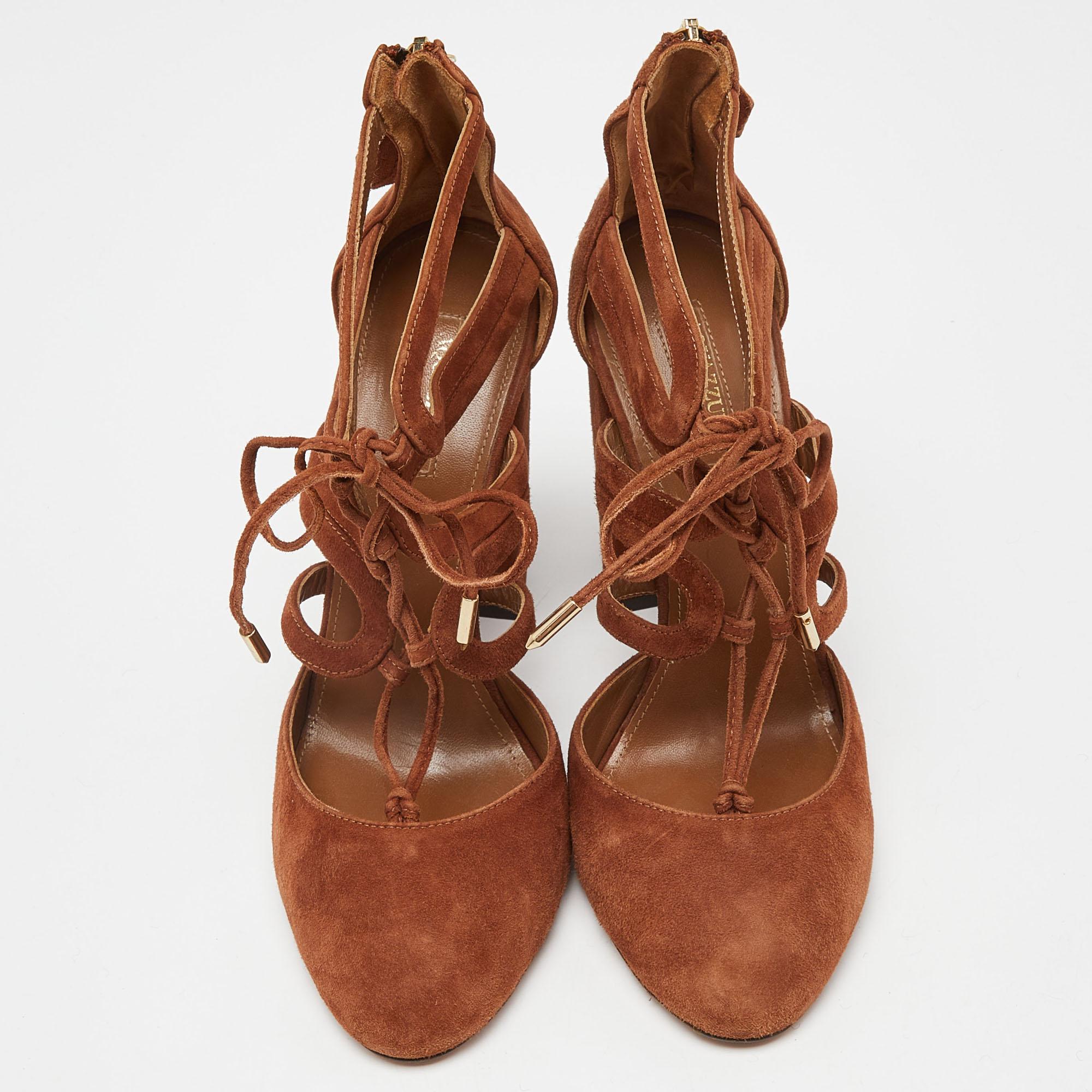 Aquazzura Marrone Camoscio Lace Up Tacco a Blocco Pompe Taglia 39 In condizioni discrete in vendita a Dubai, Al Qouz 2