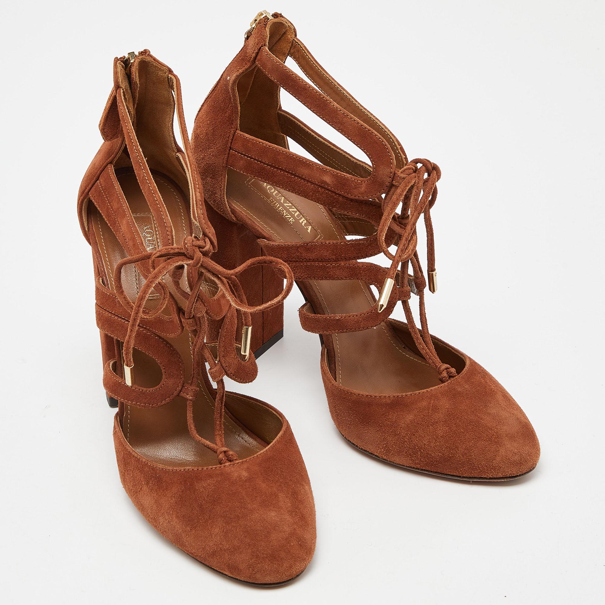 Donna Aquazzura Marrone Camoscio Lace Up Tacco a Blocco Pompe Taglia 39 in vendita