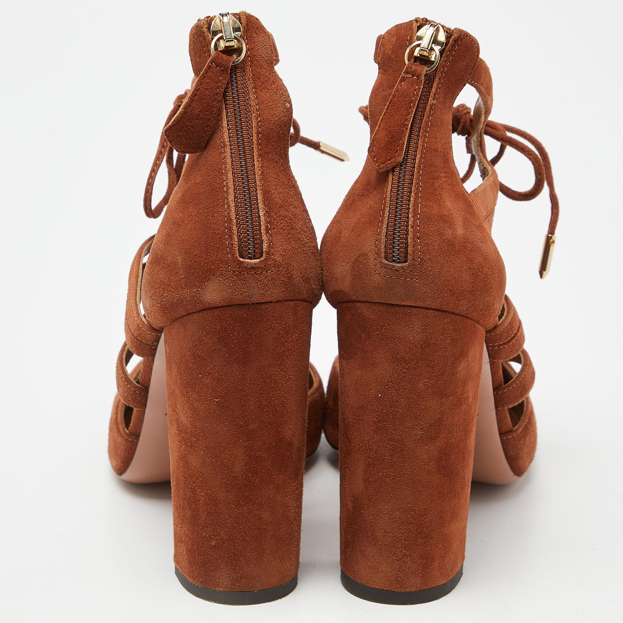 Aquazzura Marrone Camoscio Lace Up Tacco a Blocco Pompe Taglia 39 in vendita 1
