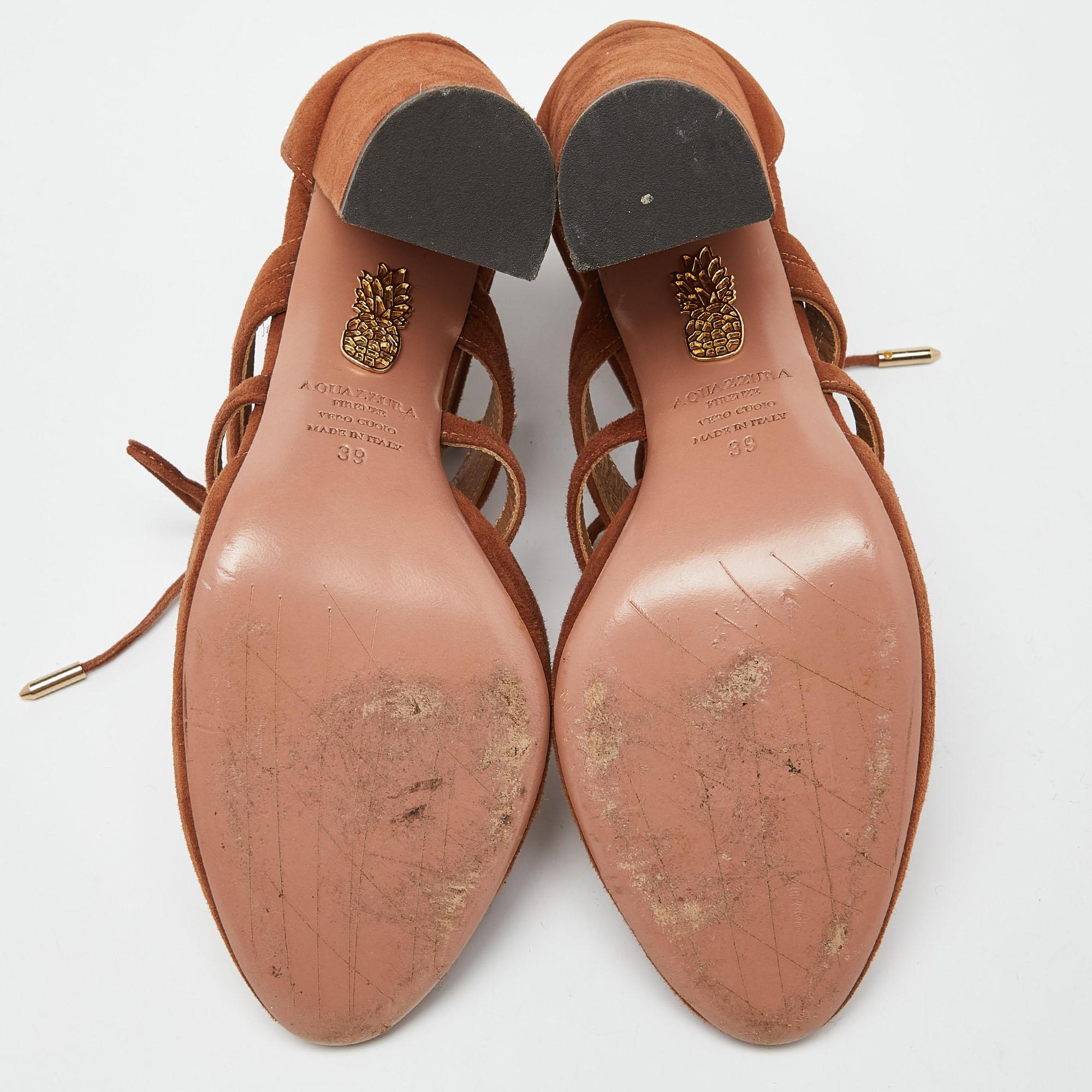 Aquazzura Marrone Camoscio Lace Up Tacco a Blocco Pompe Taglia 39 in vendita 2