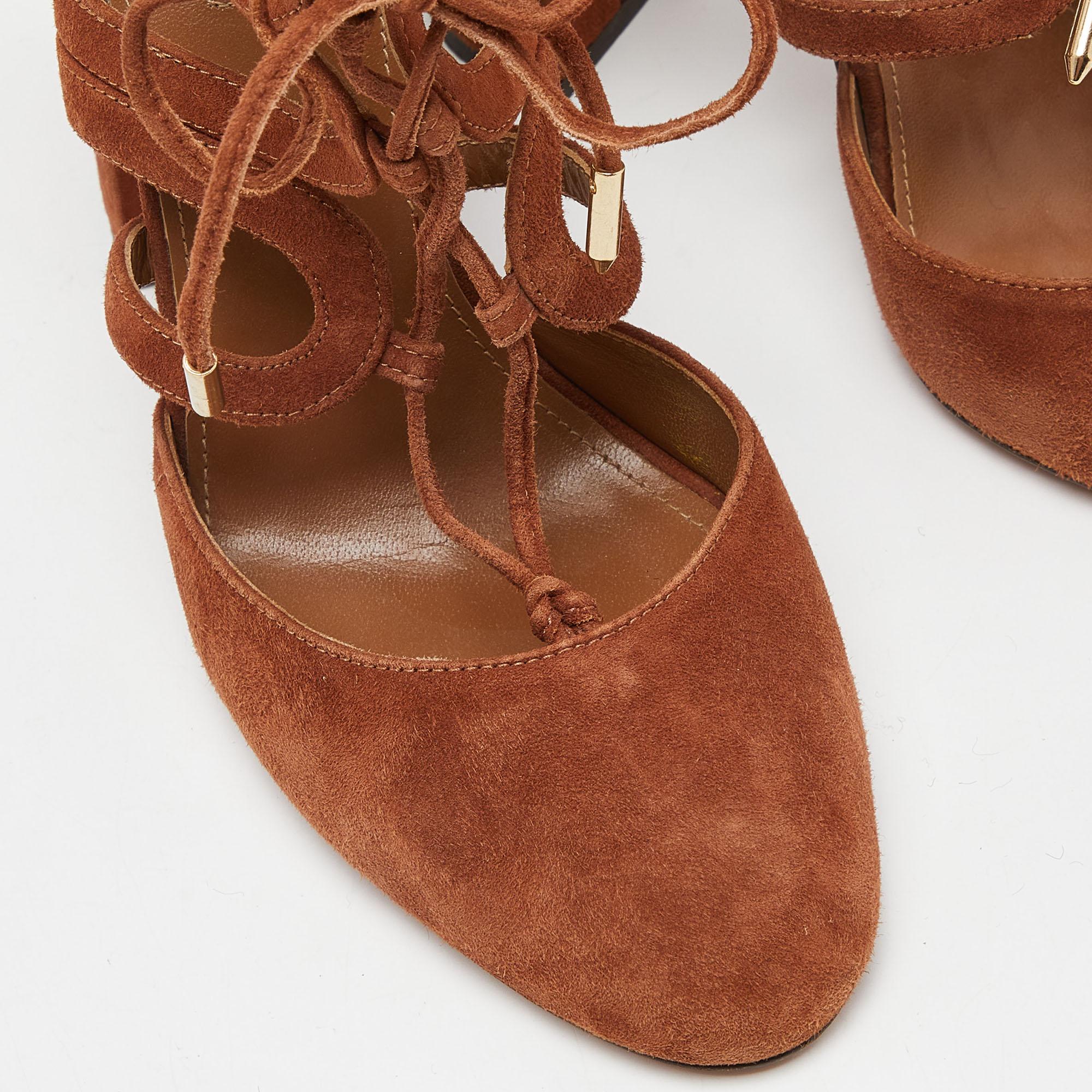 Aquazzura Marrone Camoscio Lace Up Tacco a Blocco Pompe Taglia 39 in vendita 3
