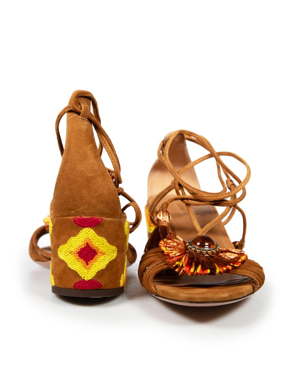 Aquazzura Brown Suede Samba Raffia Embellished Sandals Size IT 39 In Good Condition In London, GB