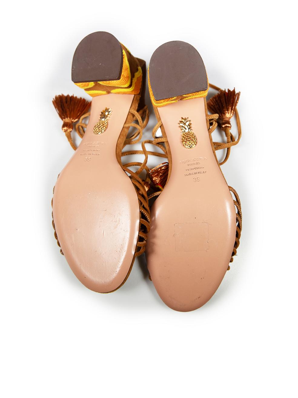 Women's Aquazzura Brown Suede Samba Raffia Embellished Sandals Size IT 39
