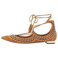 Aquazzura Brown Woven Suede Fringe Tassel Detail Ankle Wrap Ballet Flats Size 38