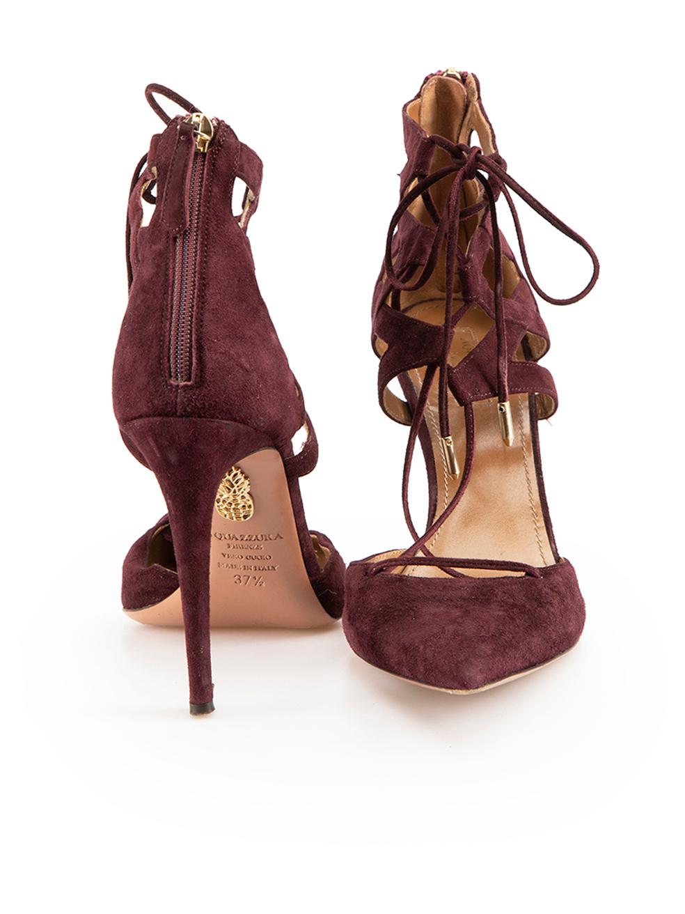 Brown Aquazzura Burgundy Suede Belgiavia Lace Up Heels Size IT 37.5 For Sale