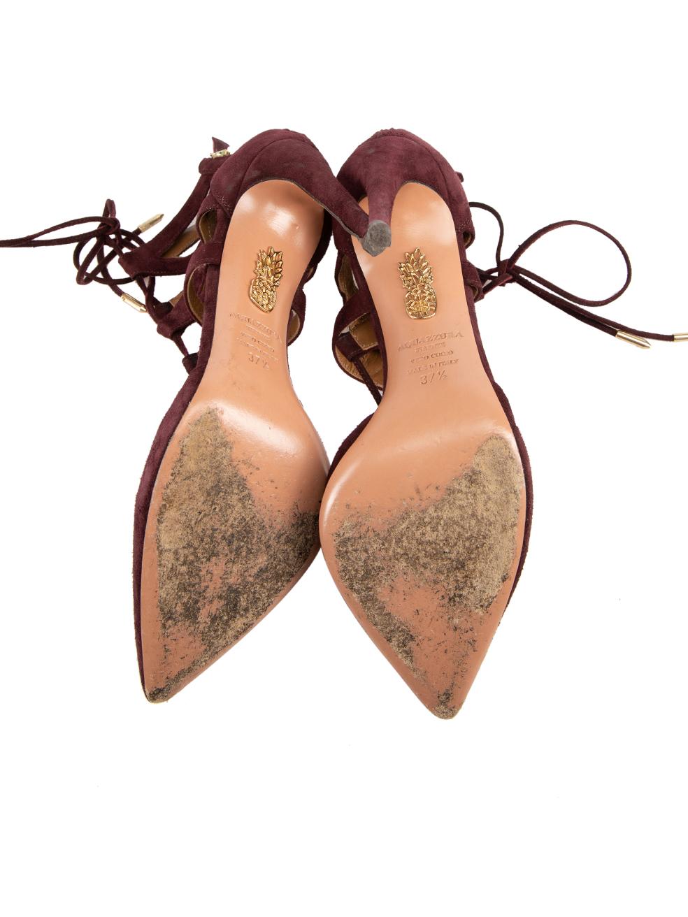 Aquazzura Burgundy Suede Belgiavia Lace Up Heels Size IT 37.5 In Excellent Condition For Sale In London, GB
