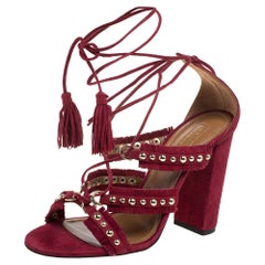 Aquazzura Burgundy Suede Leather Tulum Fringe Detail Studded Ankle Wrap Sandals