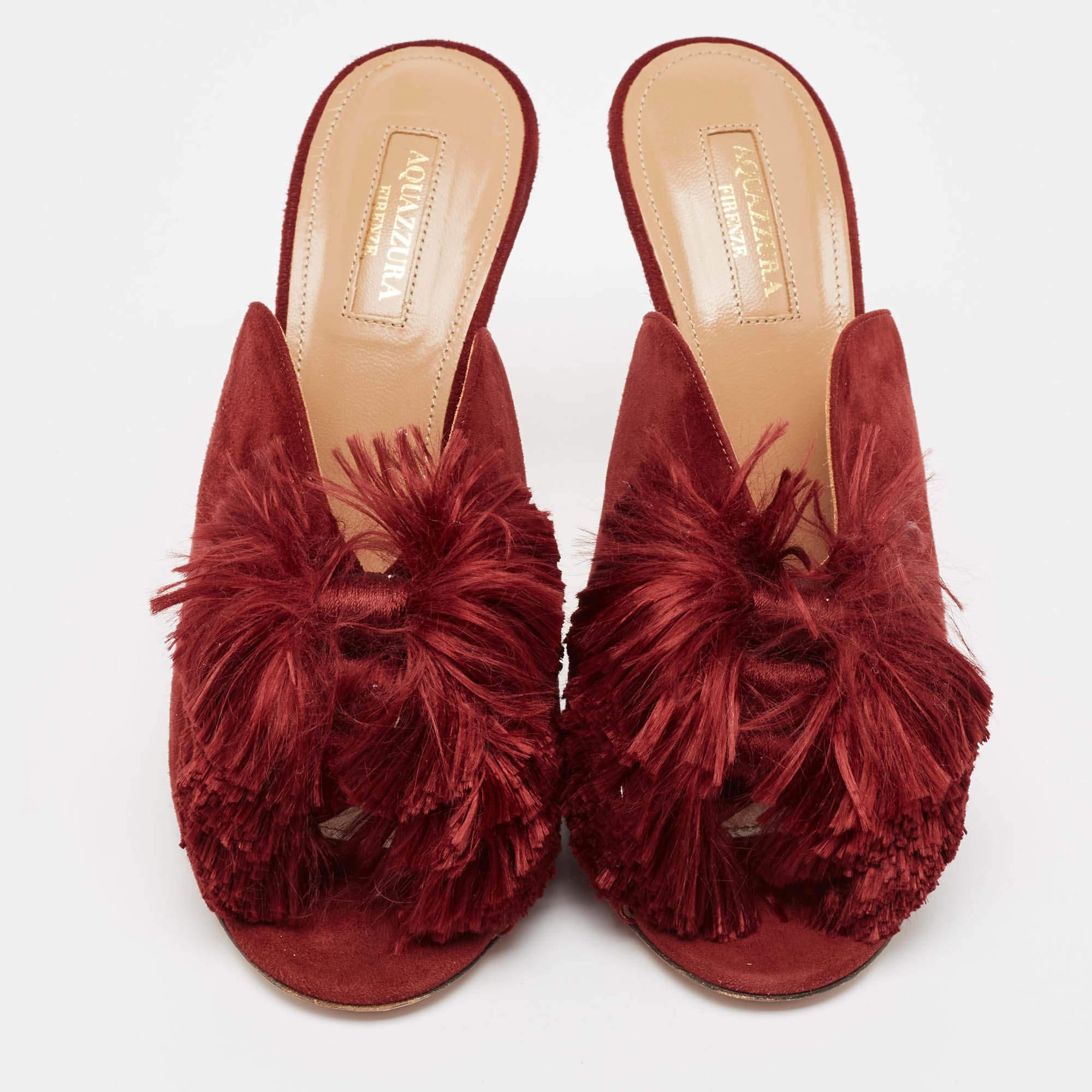 Red Aquazzura Burgundy Suede Lotus Blossom Mules Size 38 For Sale
