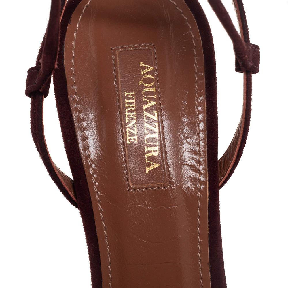 Women's Aquazzura Burgundy Suede Pompom Strappy Sandals Size 38.5 For Sale