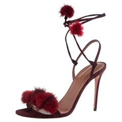 Aquazzura Burgundy Suede Pompom Strappy Sandals Size 38.5