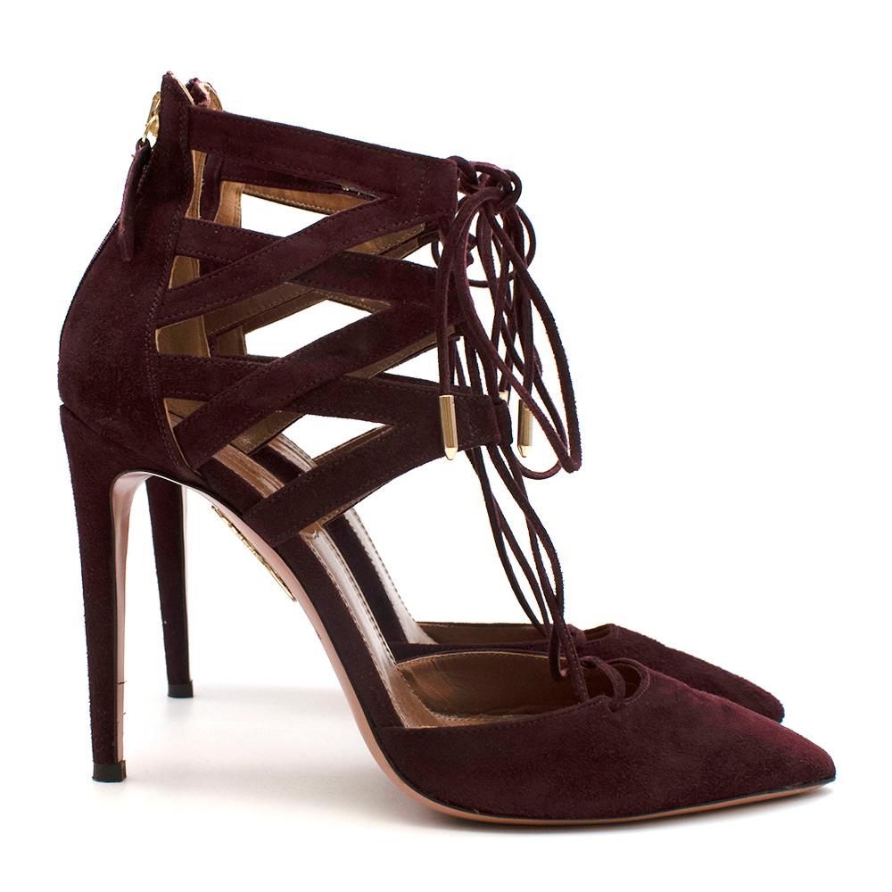 Aquazzura Burgundy Suede Strappy Lace-up High Heel Shoes 

-Beautiful strappy design
-Velvet like suede texture 
-Luxurious soft leather lining
-Lace-up fastening to the front with golden hardware
-Stiletto Heel
-Iconic golden pineapple hardware