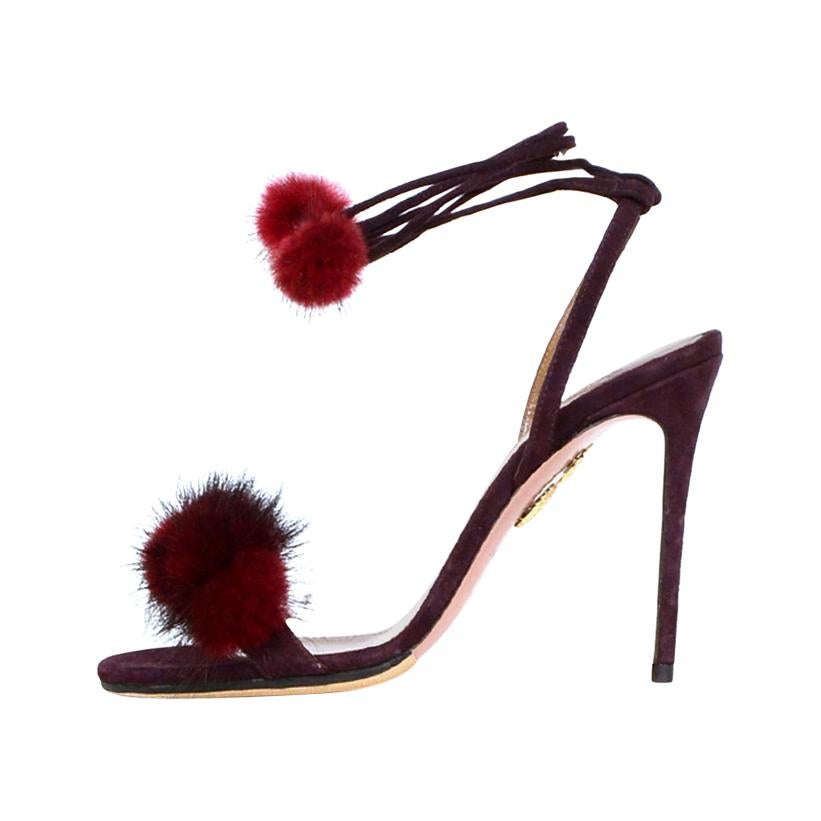 Aquazzura Burgundy Suede "Wild Russian 105" High Heel Sandals w. Mink Fur sz 35.