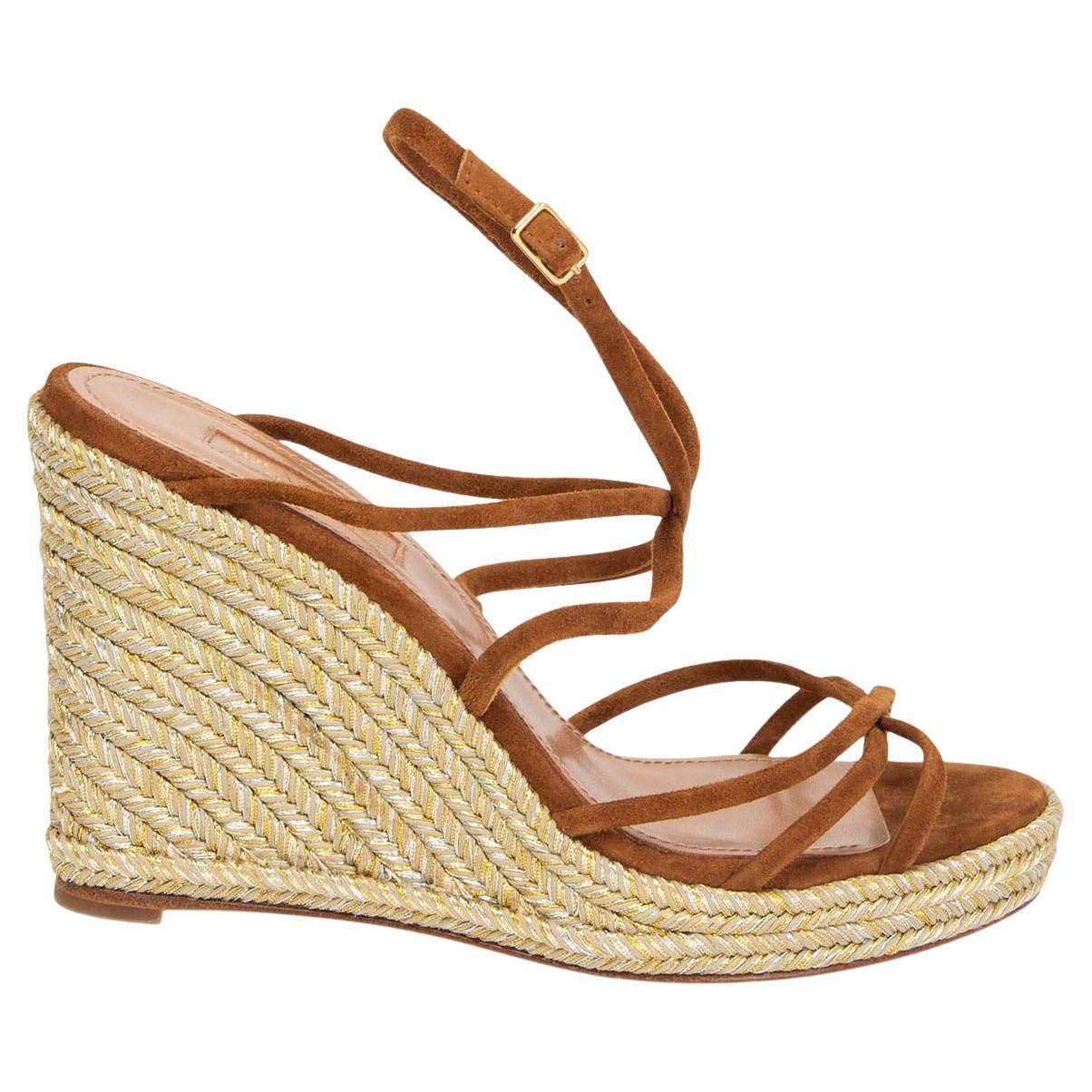AQUAZZURA camel brown suede GIN Espadrille Wedge Sandals Shoes 37 For Sale
