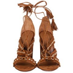 AQUAZZURA camel brown suede TULUM FRINGE Sandals Shoes 36