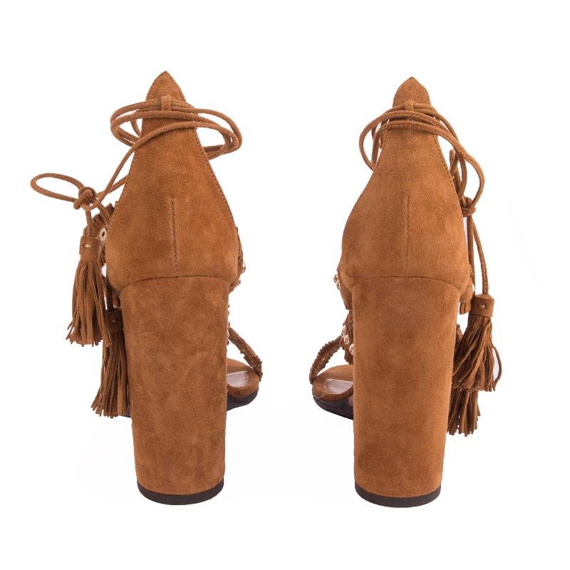 AQUAZZURA camel braun Wildleder TULUM FRINGE Sandalen Schuhe 36 im Zustand „Neu“ im Angebot in Zürich, CH