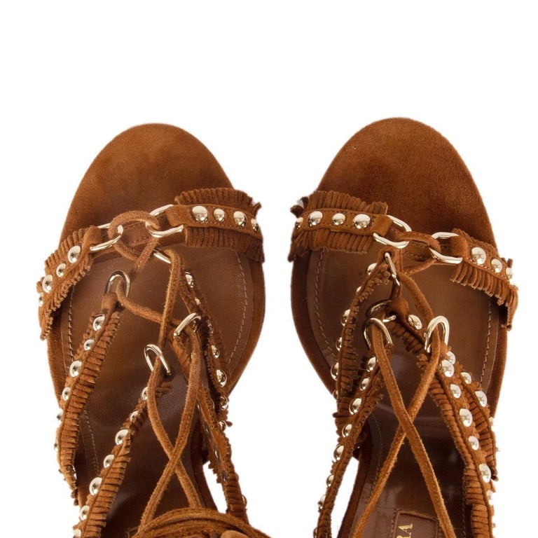 AQUAZZURA camel brown suede TULUM FRINGE Sandals Shoes 36 For Sale at  1stDibs