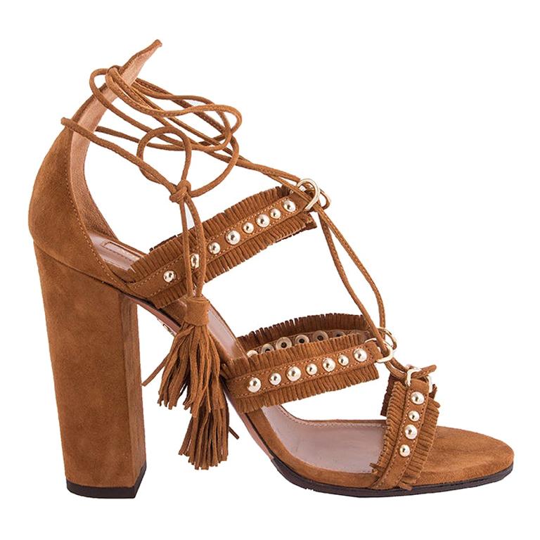 AQUAZZURA camel braun Wildleder TULUM FRINGE Sandalen Schuhe 36 im Angebot