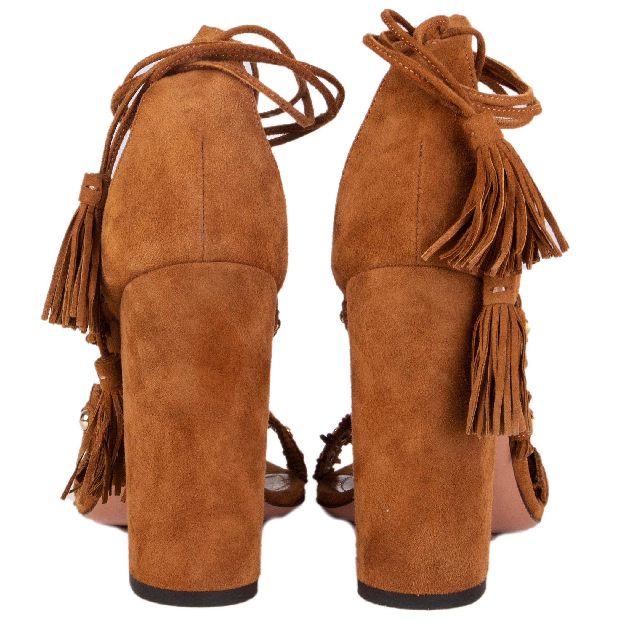 AQUAZZURA camel brown suede TULUM FRINGE Sandals Shoes 38 In Excellent Condition In Zürich, CH