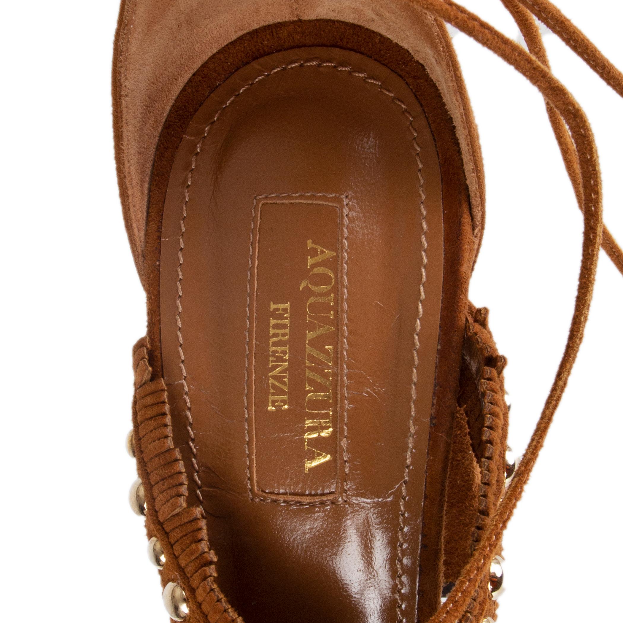 AQUAZZURA camel brown suede TULUM FRINGE Sandals Shoes 38 1