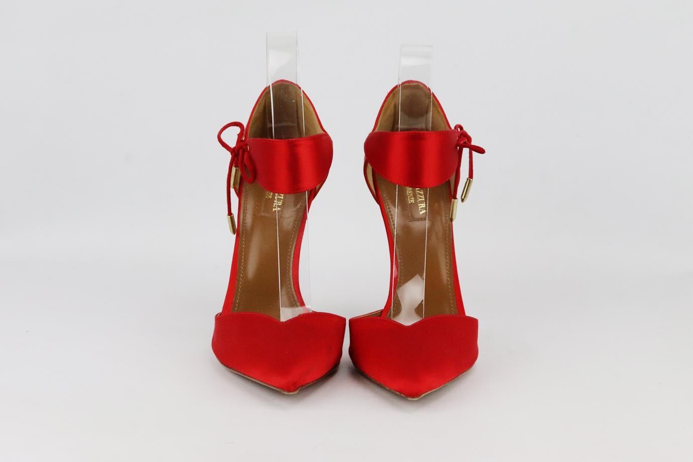 Aquazzura Candela satin pumps. Made from red satin with pointed toe and ankle strap. Red. Tie fastening at side. Comes with box and dustbag. Size: EU 37.5 (UK 4.5, US 7.5). Insole: 10.2 in. Heel: 3.5 in
