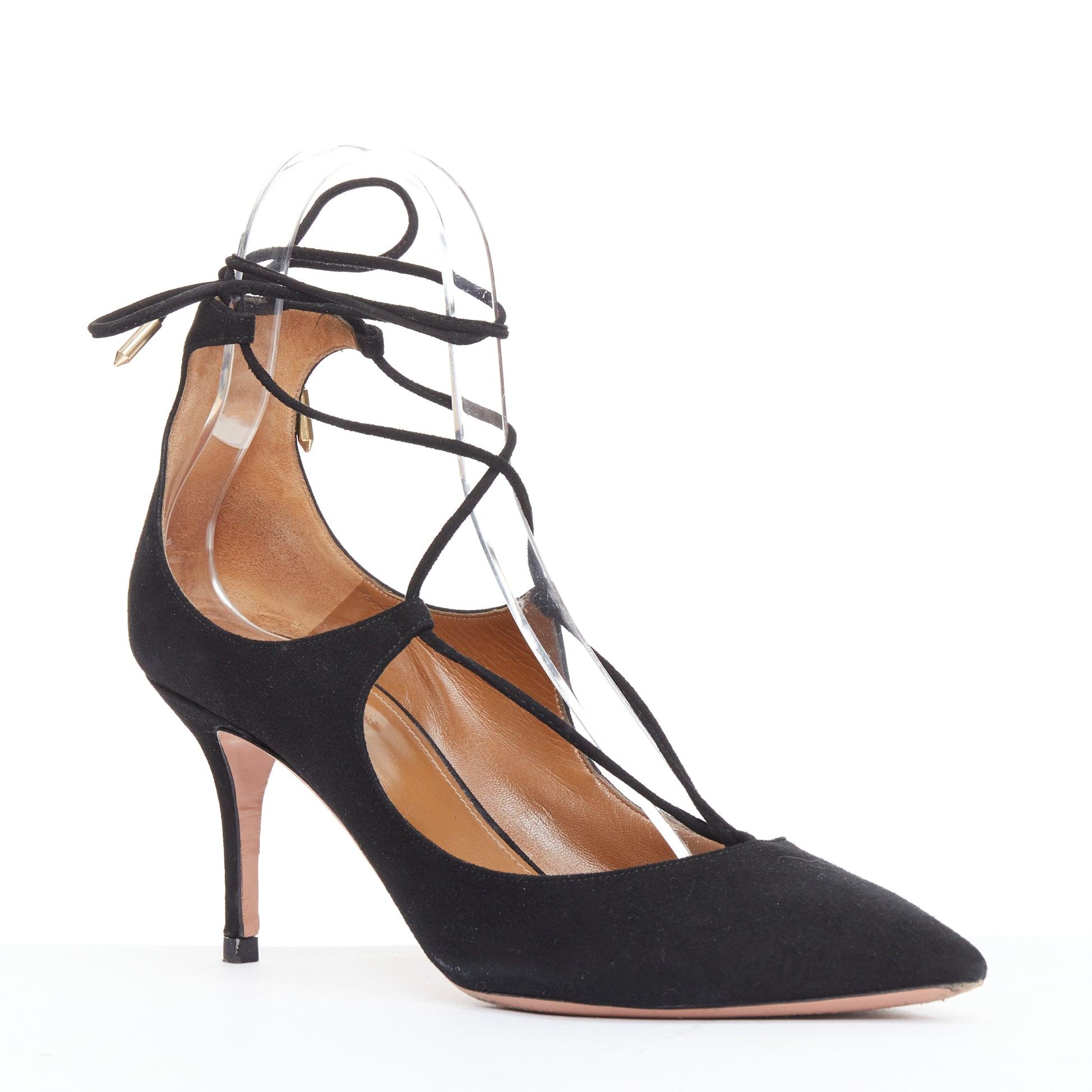 AQUAZZURA Christy 75 black suede lace up pointy mid pumps EU39
Reference: JHDN/A00042
Brand: Aquazzura
Model: Christy 75
Material: Suede
Color: Black
Pattern: Solid
Closure: Lace Up
Lining: Nude Leather
Made in: Italy

CONDITION:
Condition: Good,