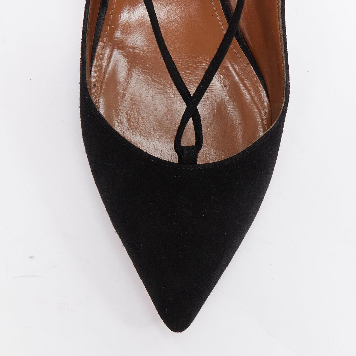 AQUAZZURA Christy 75 black suede lace up pointy mid pumps EU39 For Sale 1