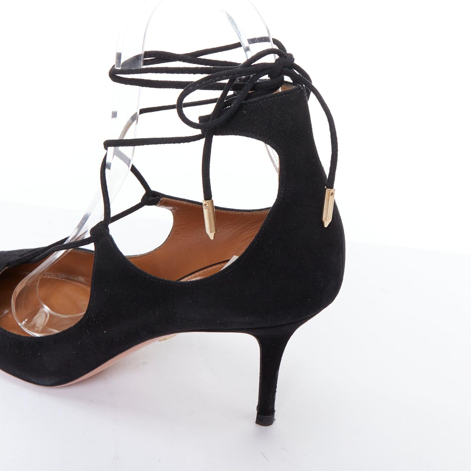 AQUAZZURA Christy 75 black suede lace up pointy mid pumps EU39 For Sale 3