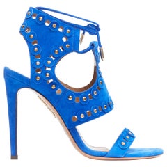 AQUAZZURA cobalt blue suede gold studded lace tie high heel sandals EU37