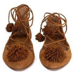 AQUAZZURA cognac brown suede SUNSHINE Ballet Flats Shoes 38.5