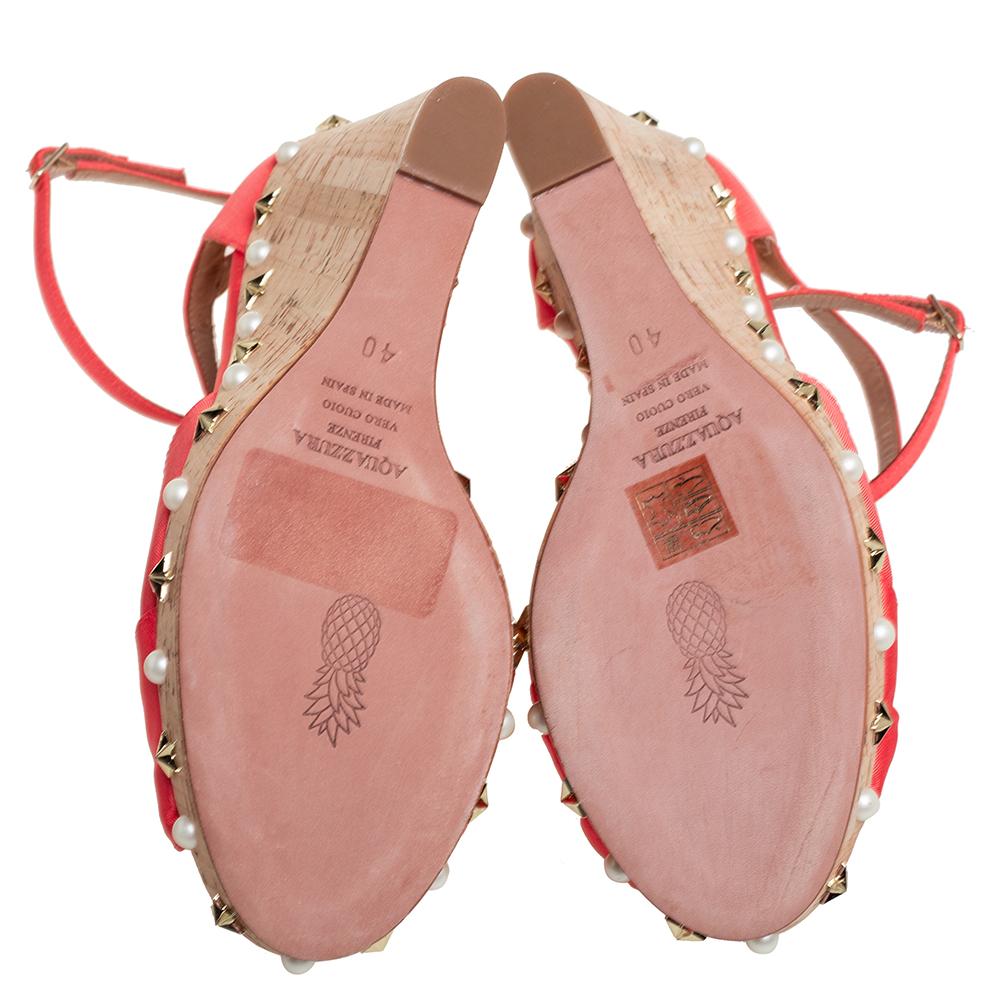 Aquazzura Coral Orange Fabric Harlow Embellished Wedge Sandals Size 40 In New Condition In Dubai, Al Qouz 2