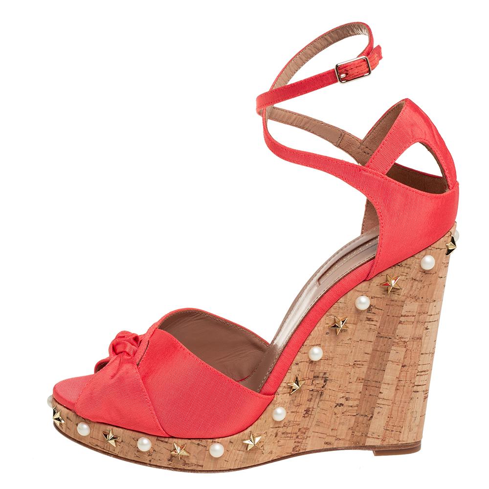 Women's Aquazzura Coral Orange Fabric Harlow Embellished Wedge Sandals Size 40