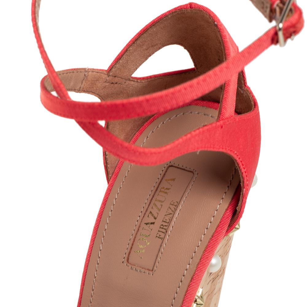 Aquazzura Coral Orange Fabric Harlow Embellished Wedge Sandals Size 40 1