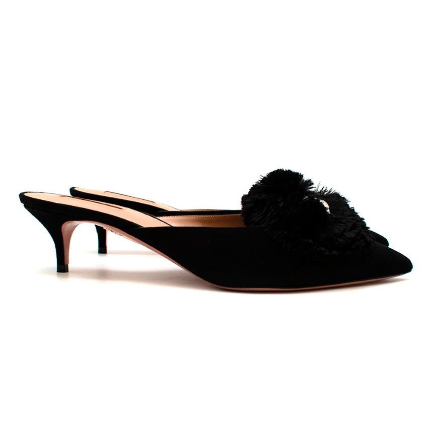 Aquazzura Black Suede Kitten Heel Mules with Fringe & Crystals

-Luxurious velvet like suede texture 
-Gorgeous flower like crystal and fringe details to the toes 
-Soft leather lining for comfort 
-Elegant kitten heel 
-Iconic pineapple golden