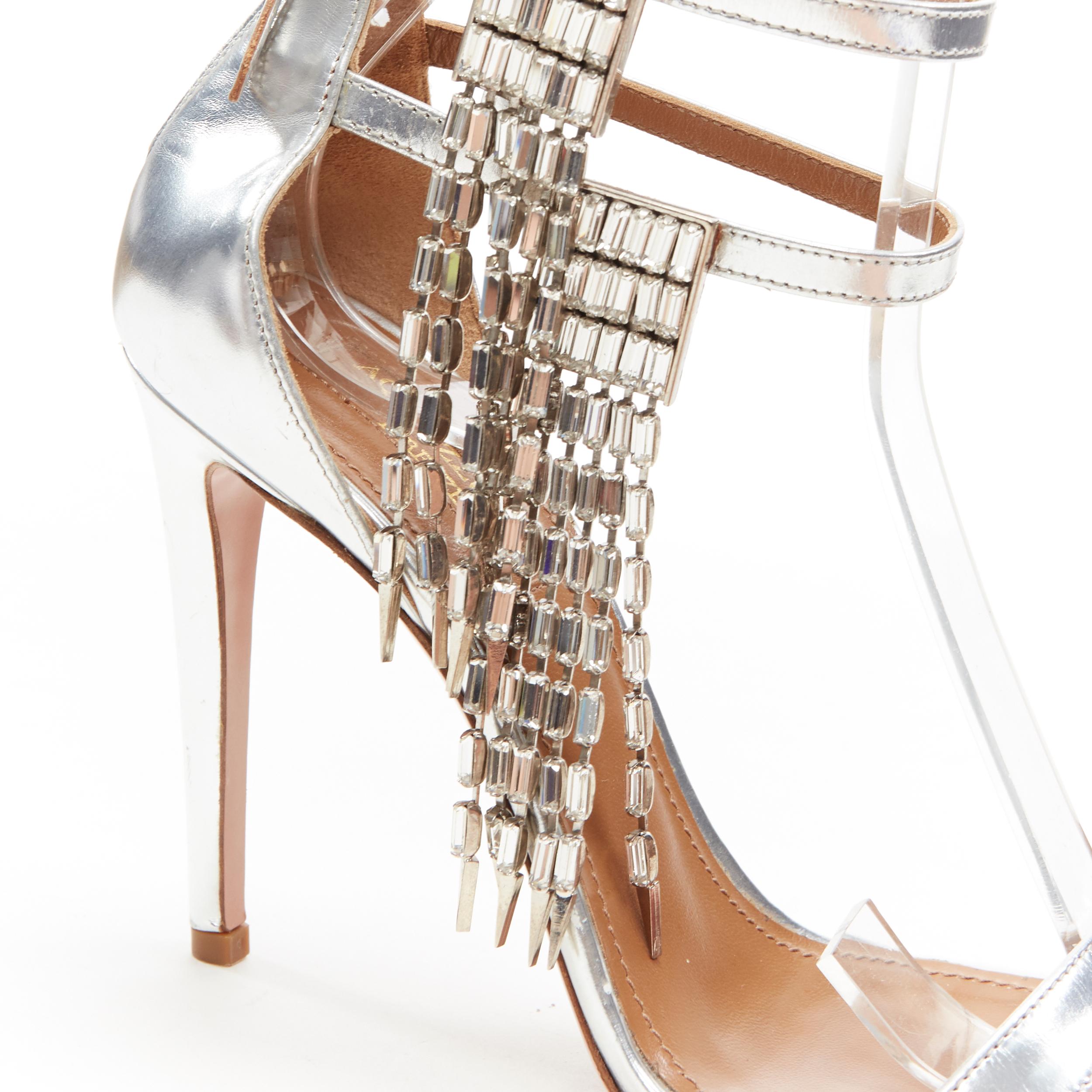 Women's AQUAZZURA dangling crystal chandelier silver leather strappy heel sandals EU36.5