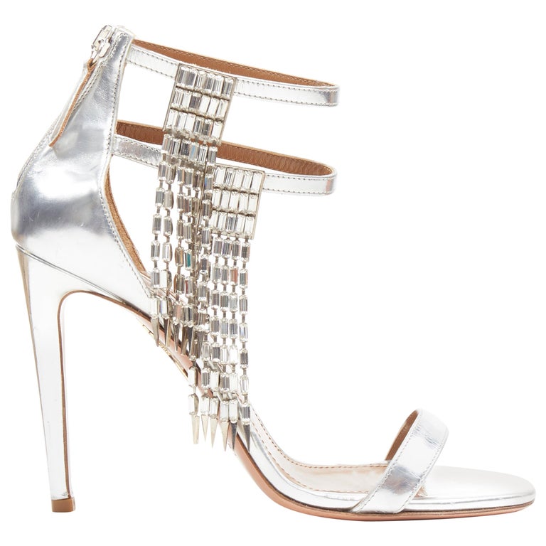 Aquazzura Dangling Crystal Chandelier Silver Leather Strappy Heel Sandals Eu36 5 For Sale At 1stdibs