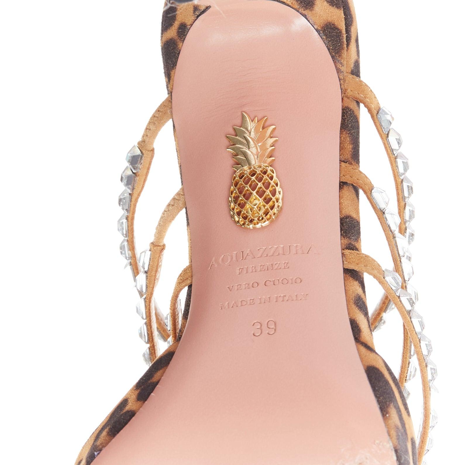 AQUAZZURA Donata brown leopard suede crystal straps mules EU39 For Sale 5