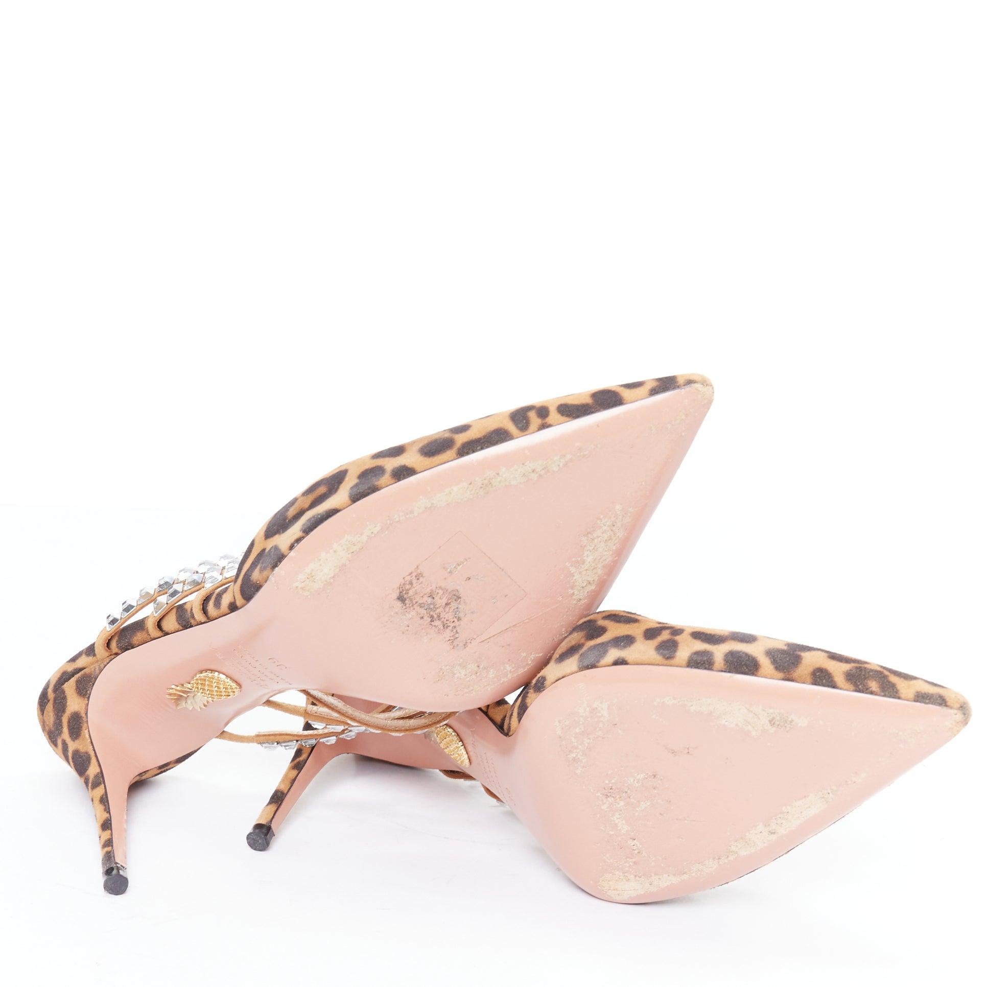 AQUAZZURA Donata brown leopard suede crystal straps mules EU39 For Sale 6