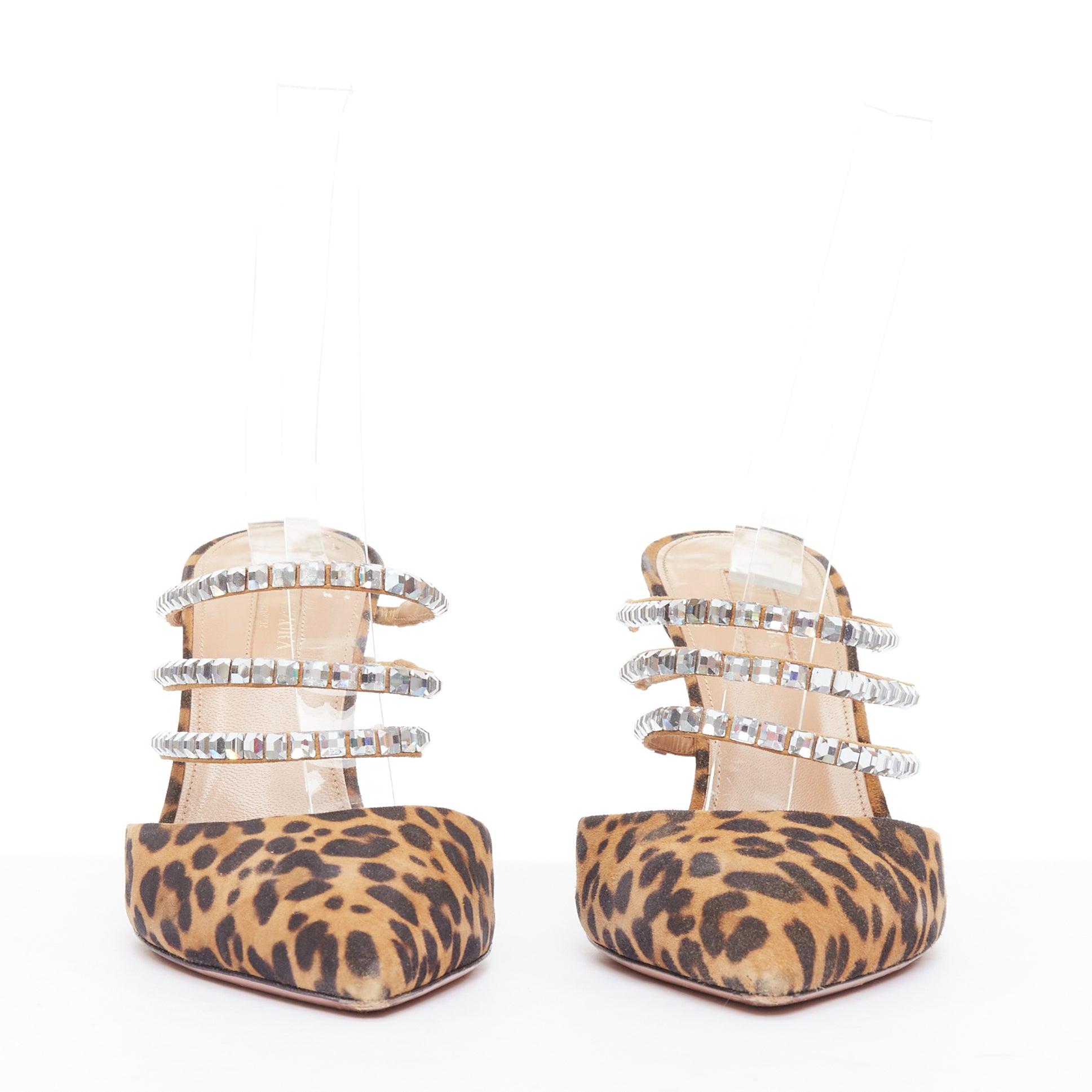 Brown AQUAZZURA Donata brown leopard suede crystal straps mules EU39 For Sale