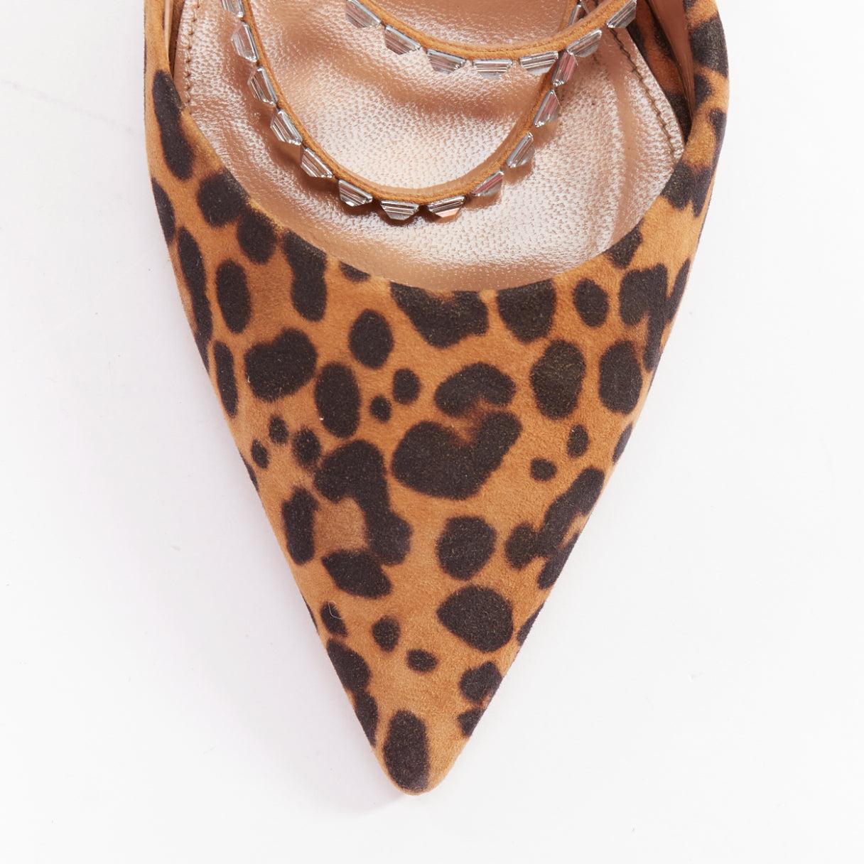AQUAZZURA Donata brown leopard suede crystal straps mules EU39 For Sale 1