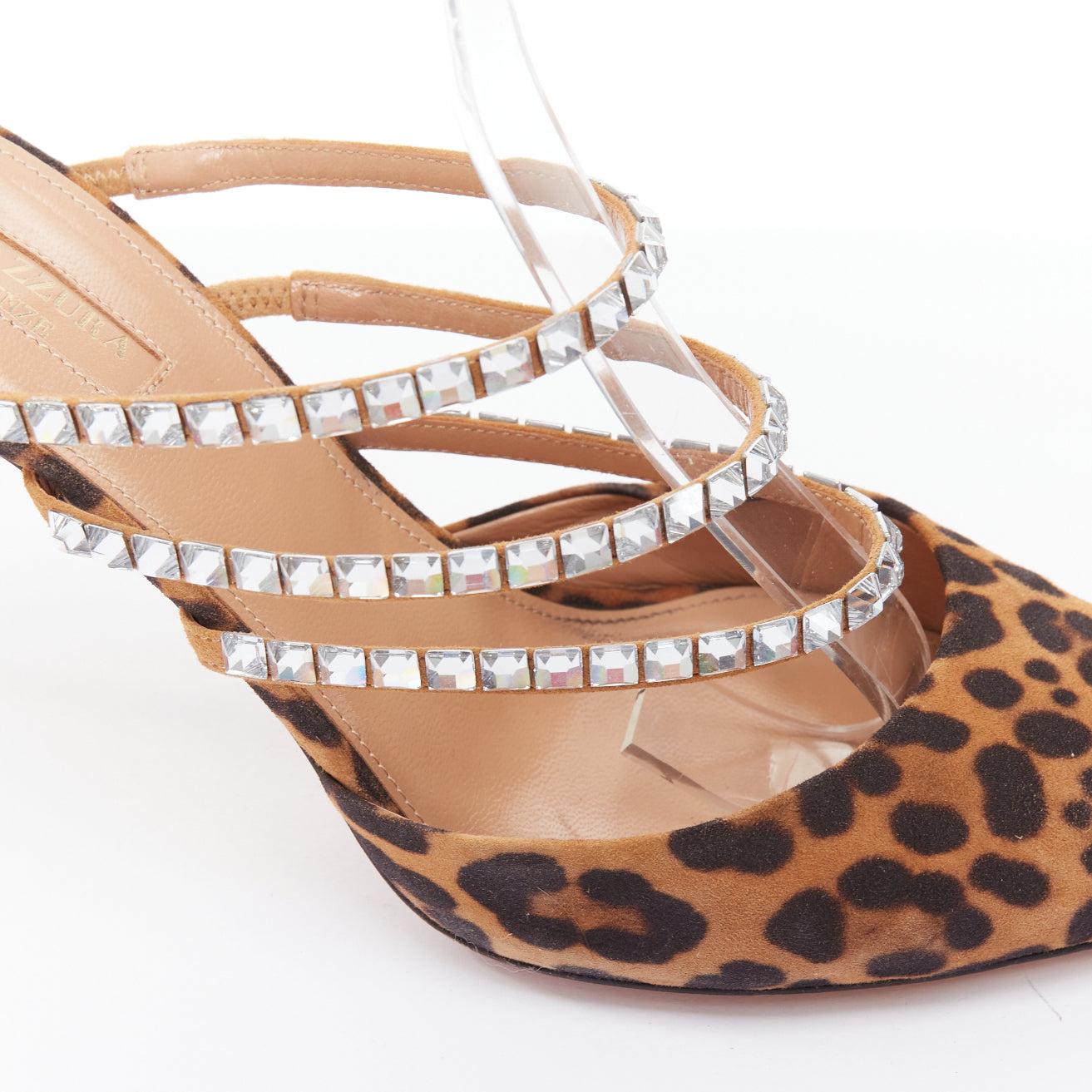 AQUAZZURA Donata brown leopard suede crystal straps mules EU39 For Sale 2