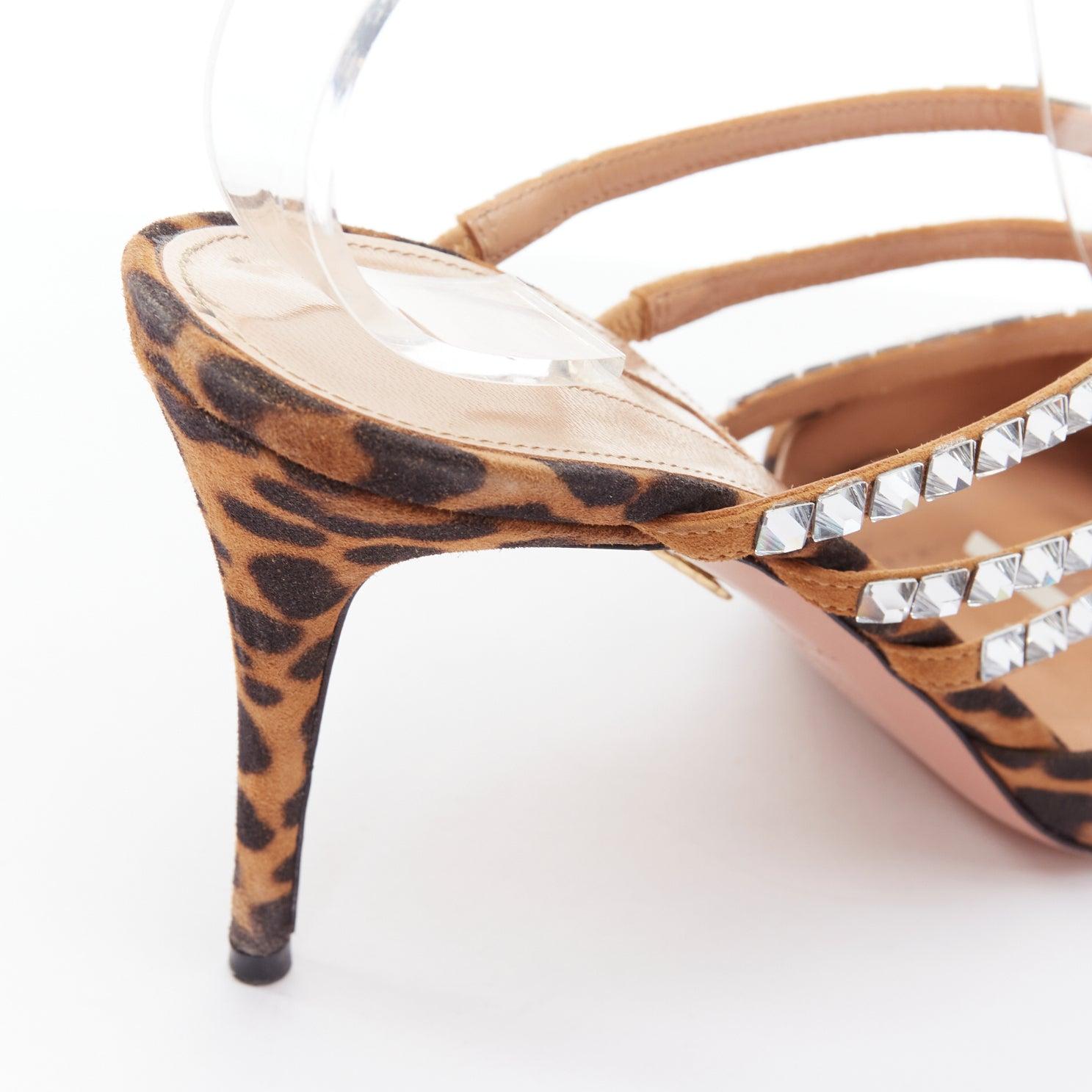 AQUAZZURA Donata brown leopard suede crystal straps mules EU39 For Sale 3