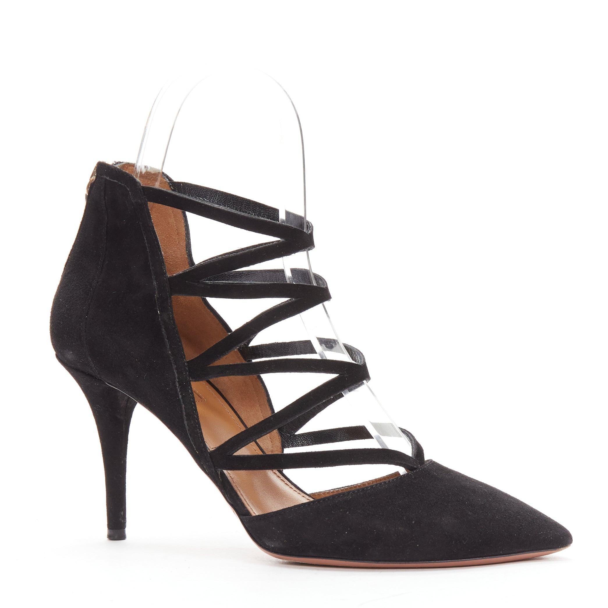 AQUAZZURA Electric black suede criss cross strappy booties pump EU38
Reference: MEKK/A00011
Brand: Aquazzura
Model: Electric
Material: Suede
Color: Black
Pattern: Solid
Closure: Zip
Lining: Nude Leather
Extra Details: Back zip.
Made in: