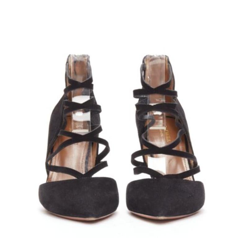 Black AQUAZZURA Electric black suede criss cross strappy booties pump EU38 For Sale
