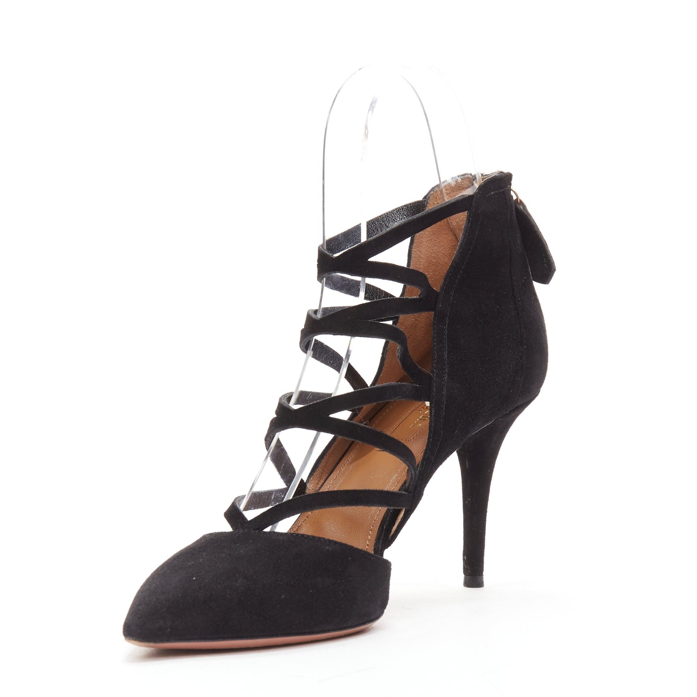 AQUAZZURA Electric black suede criss cross strappy booties pump EU38 In Good Condition For Sale In Hong Kong, NT