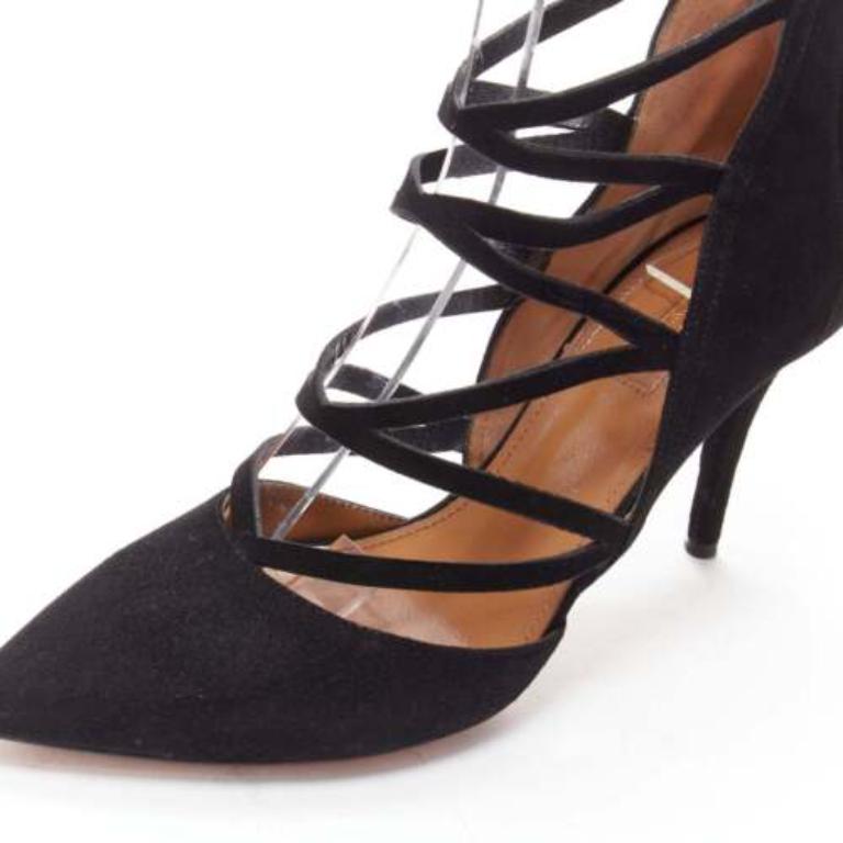 AQUAZZURA Electric black suede criss cross strappy booties pump EU38 For Sale 2