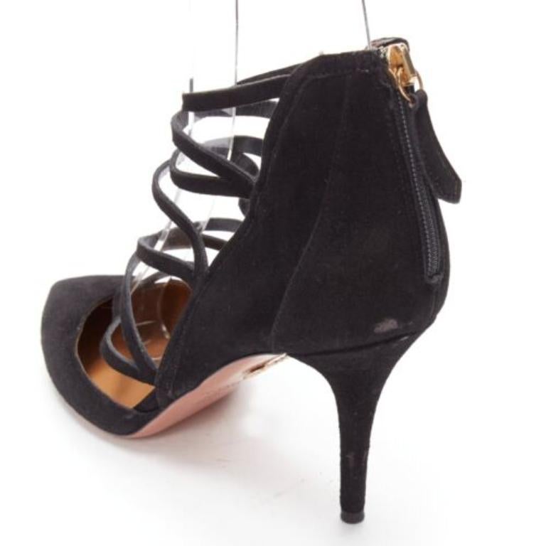 AQUAZZURA Electric black suede criss cross strappy booties pump EU38 For Sale 3