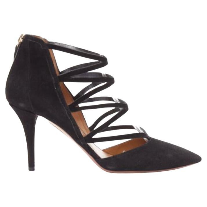 AQUAZZURA Electric black suede criss cross strappy booties pump EU38 For Sale